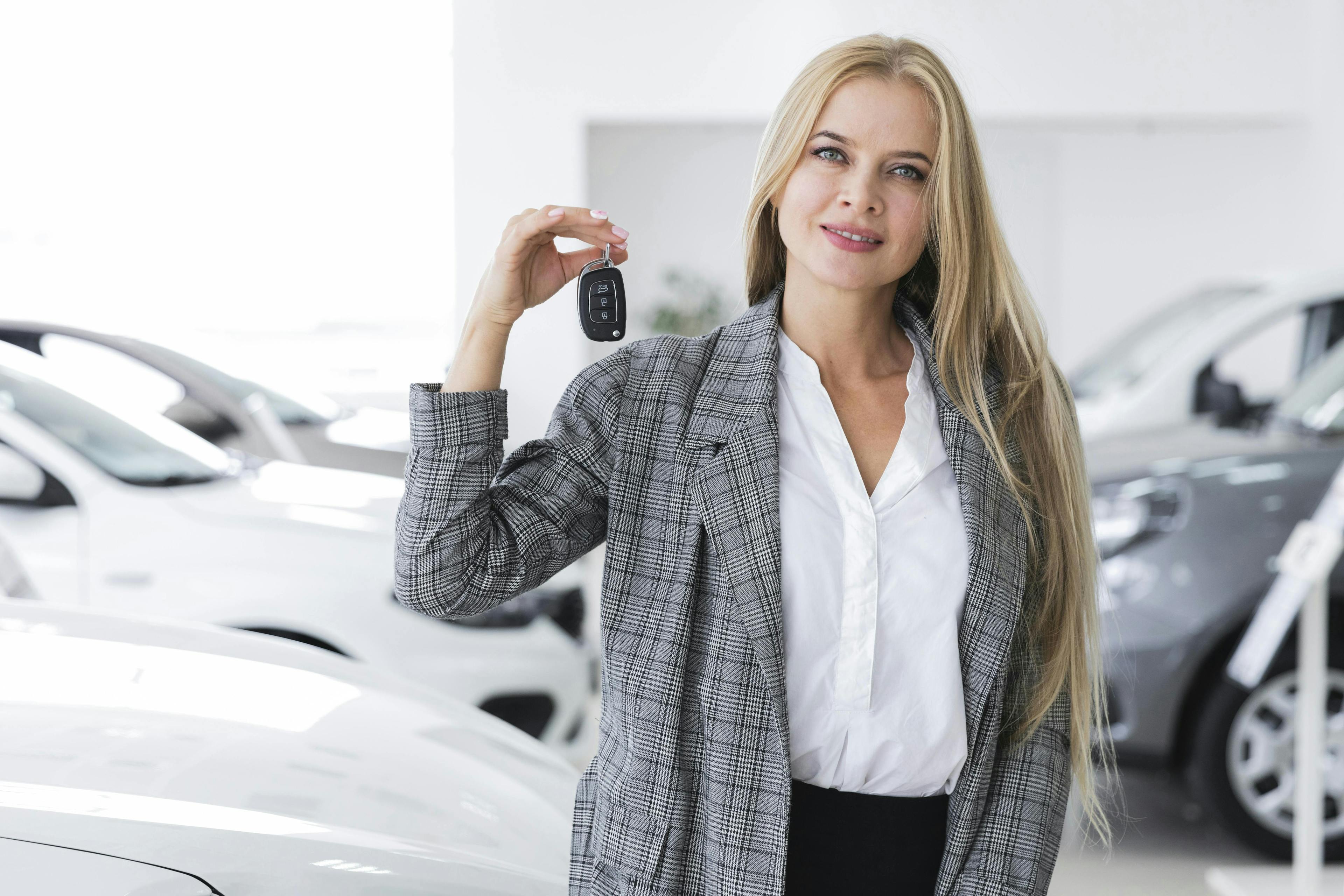 A successful businesswoman holding up a set of car keys after managing her driving tuition business